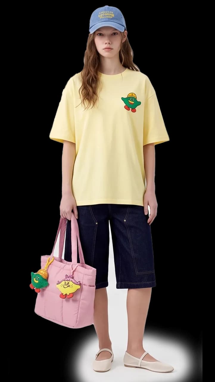 Model in a yellow Giggle Crumble character tee with a pink puffy tote